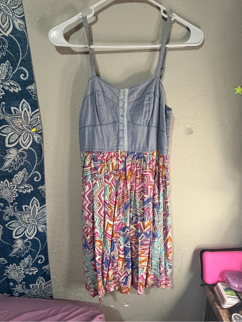 Womans Blue Chambray Top Multicolor Patterned Skirt Sundress